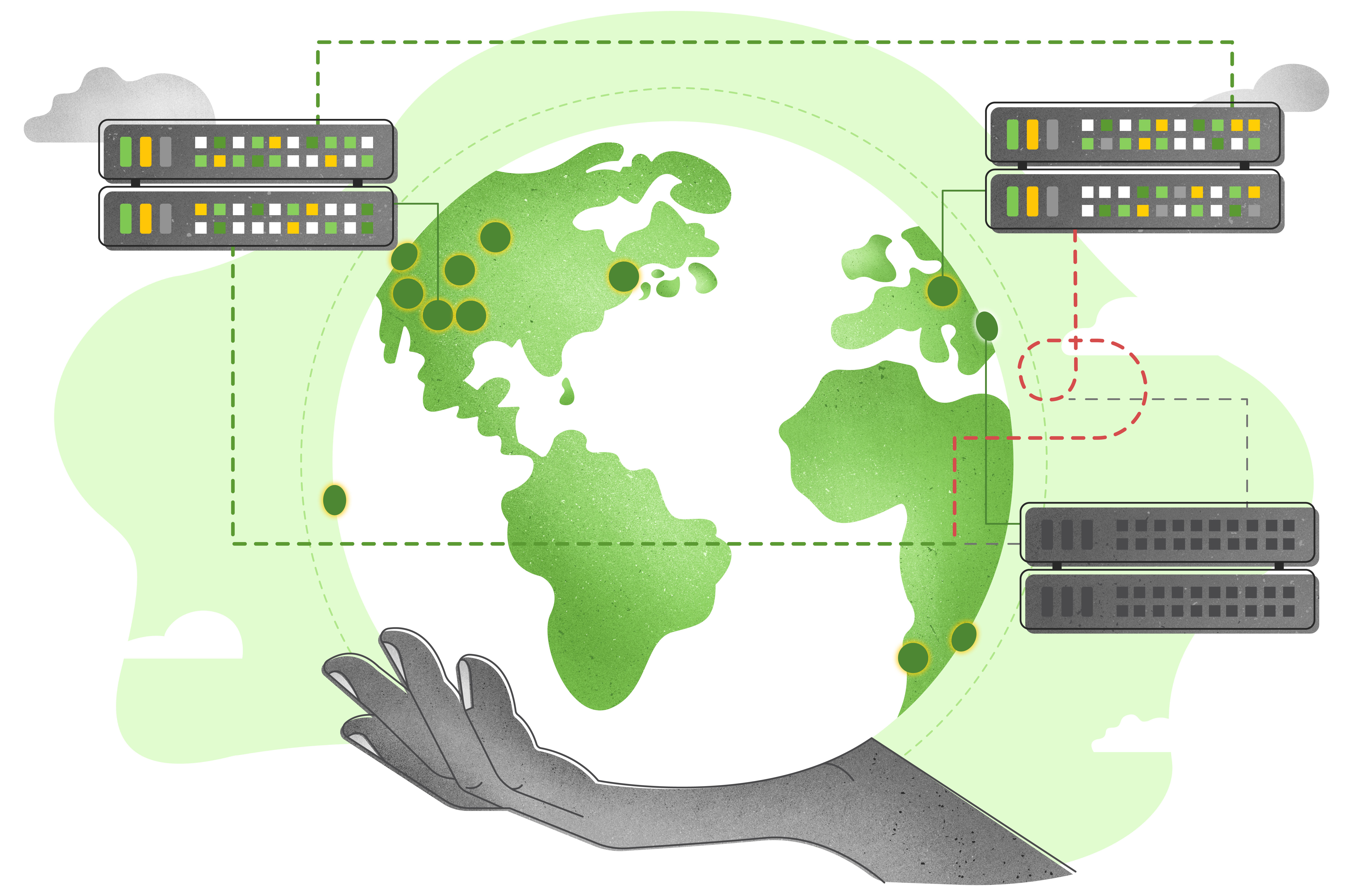 一只手举着一个世界模型，上面标记着服务器位置的点，用虚线标记着在它们之间流动的互联网流量。