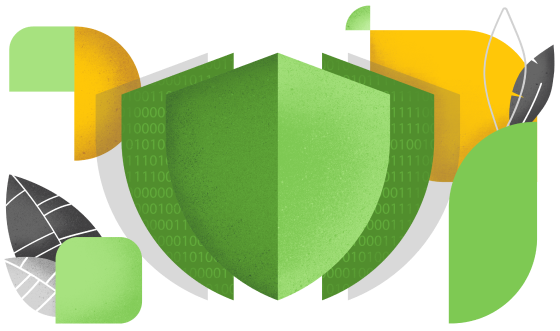 A shield in front of another shield layer, this one overlaid in binary